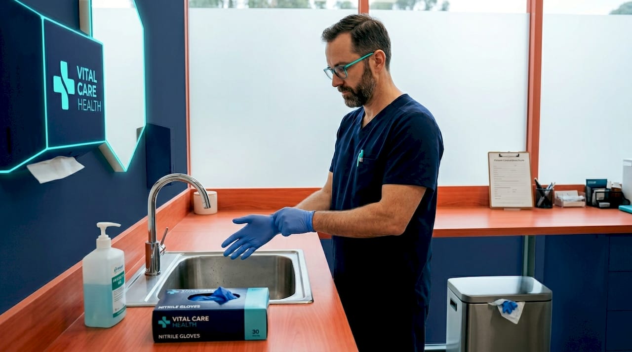 Clinician putting on blue nitrile gloves in clinic