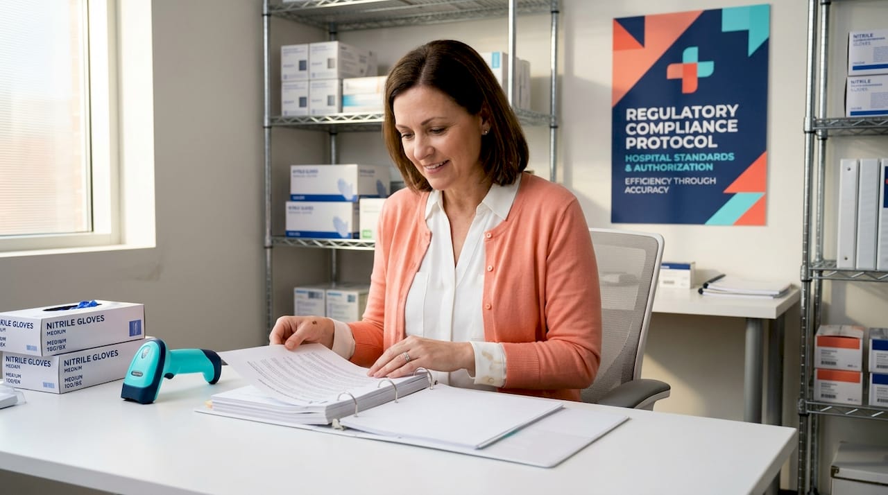 Compliance officer checks supply documents in hospital