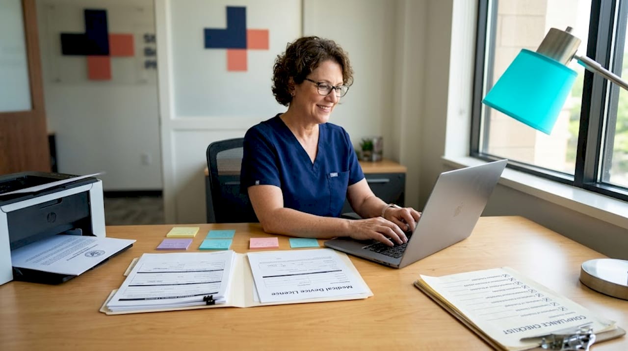 Administrator processing medical license paperwork