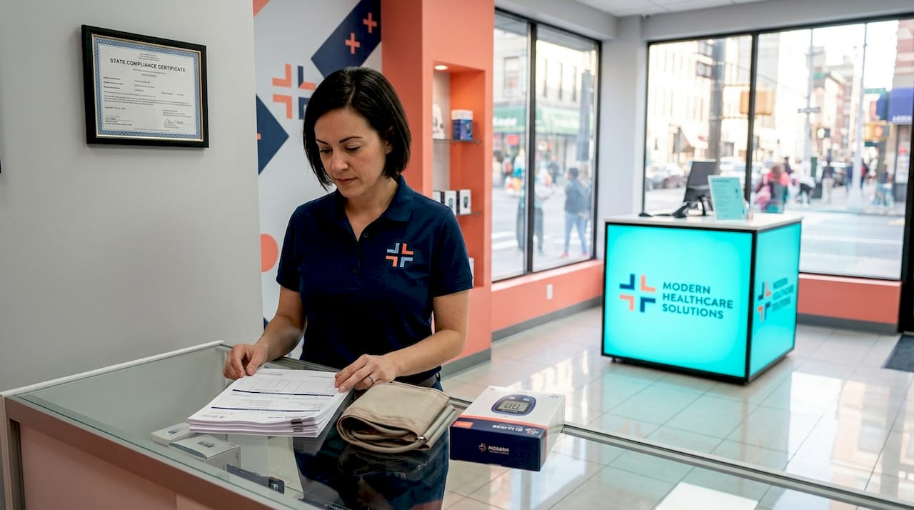 Medical sales associate reviewing order forms