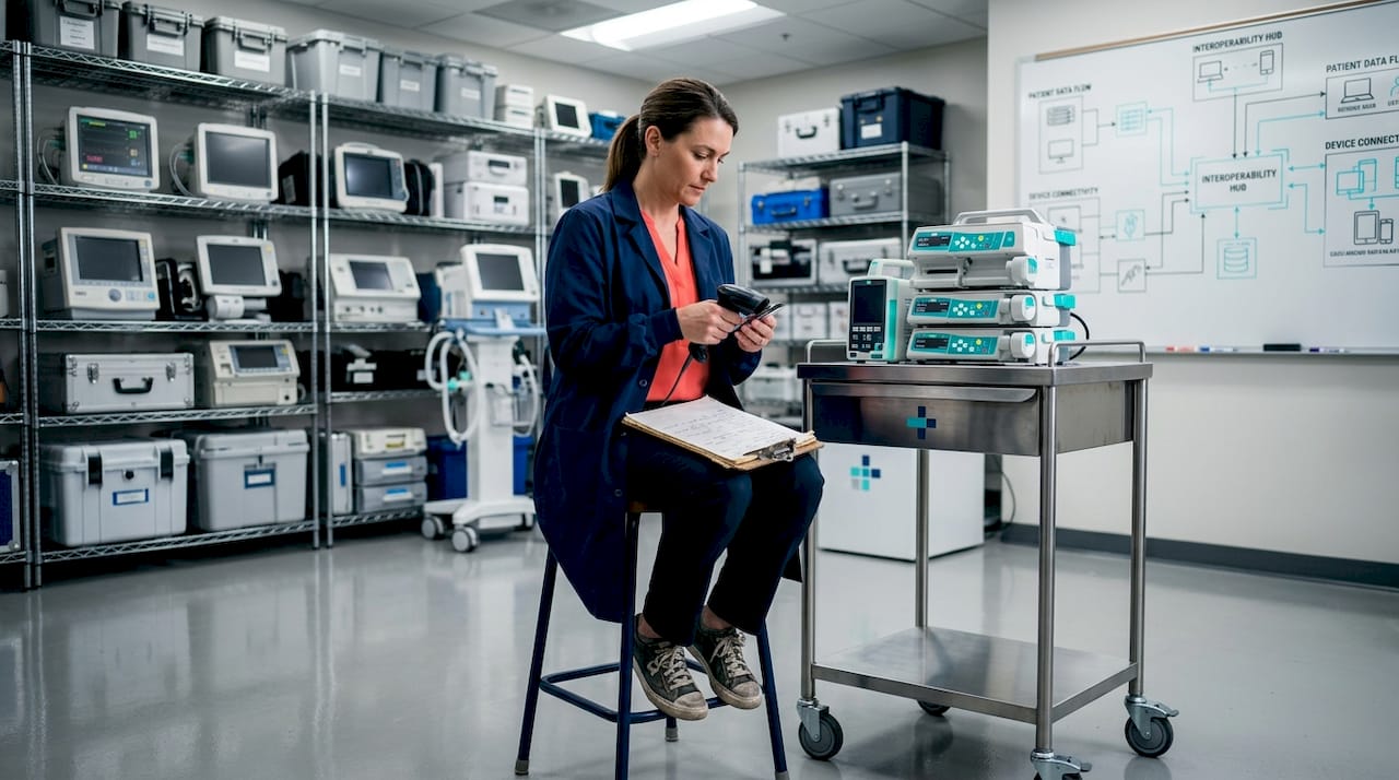 Engineer checks hospital devices for connectivity