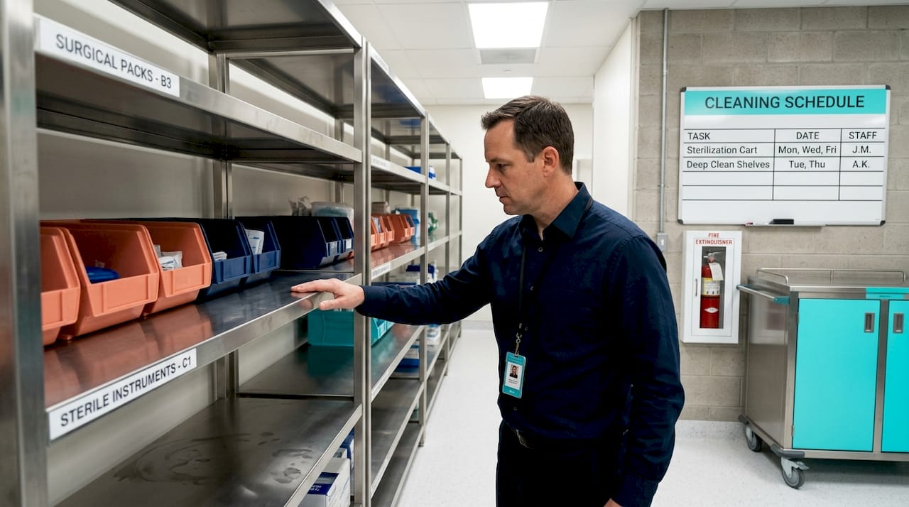 Manager inspecting stainless steel shelving