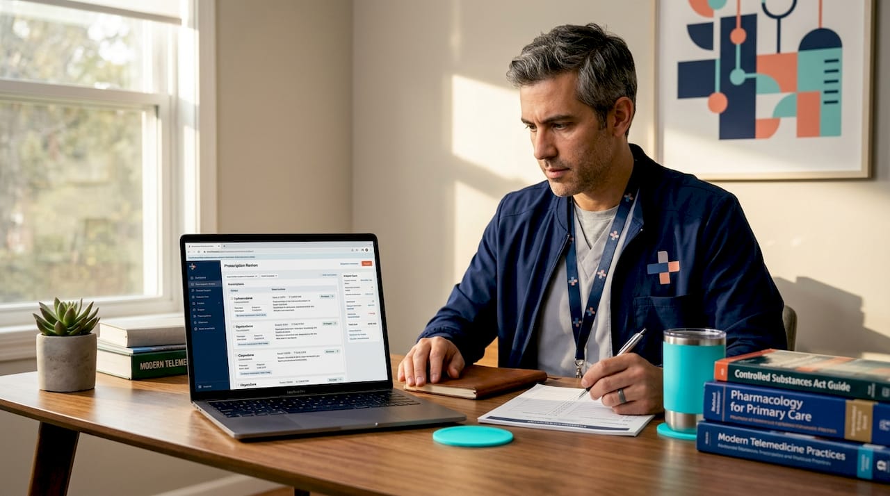 Telehealth doctor reviewing prescriptions remotely