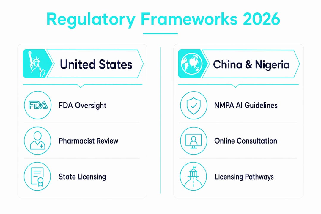Infographic comparing US and China-Nigeria online medical regulations