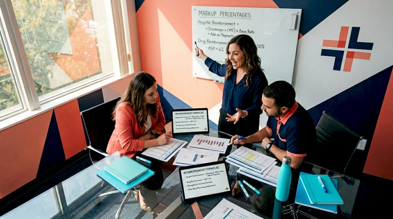 Healthcare procurement team discussing pricing data