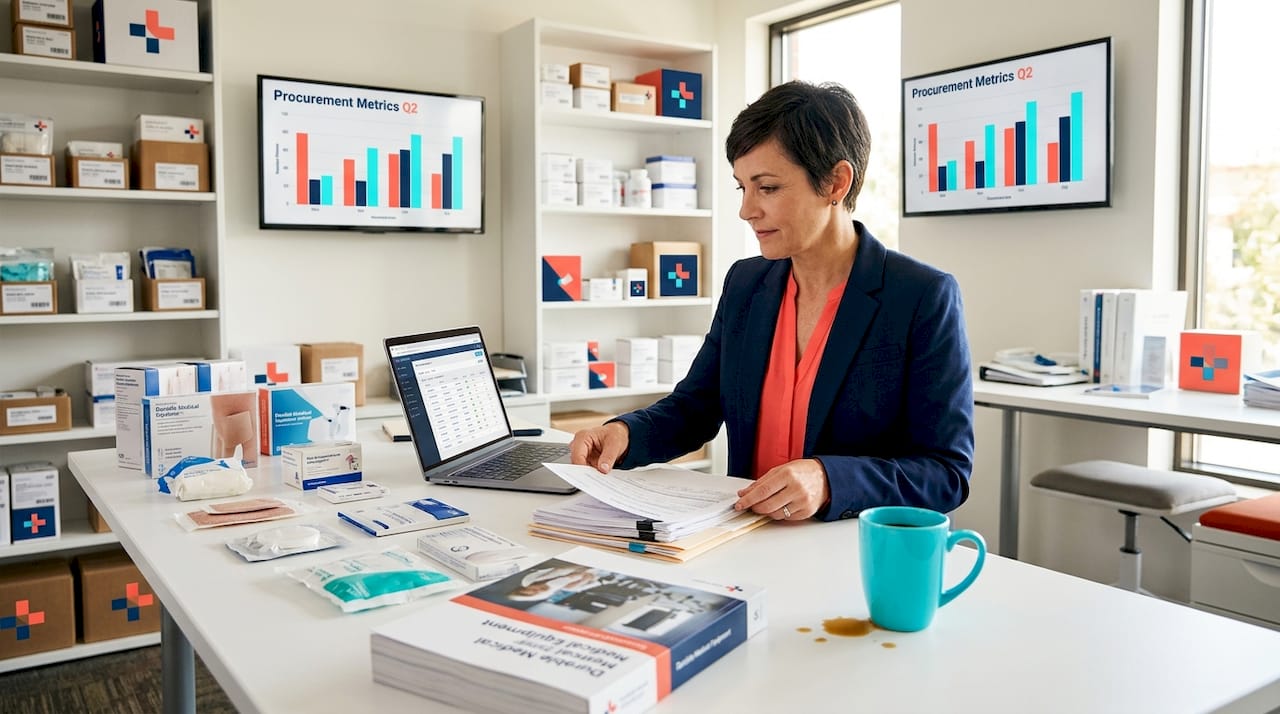 Procurement manager reviewing medical supplies documentation