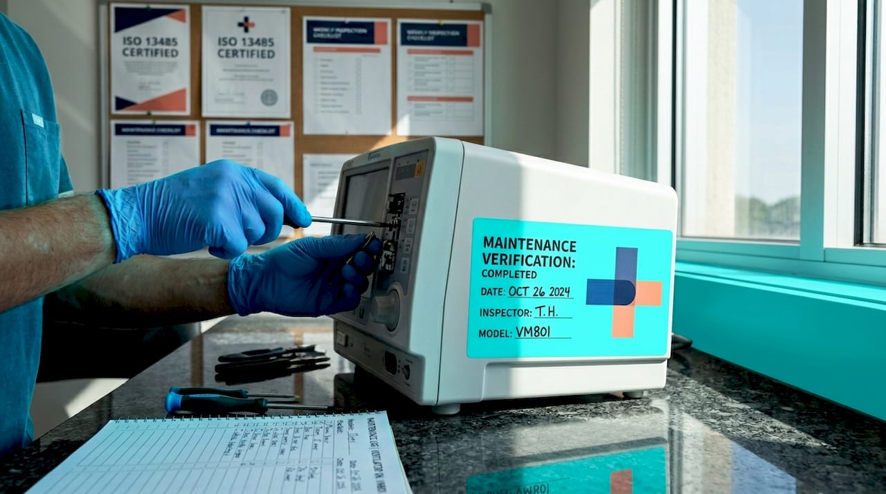 Technician inspecting durable medical ventilator