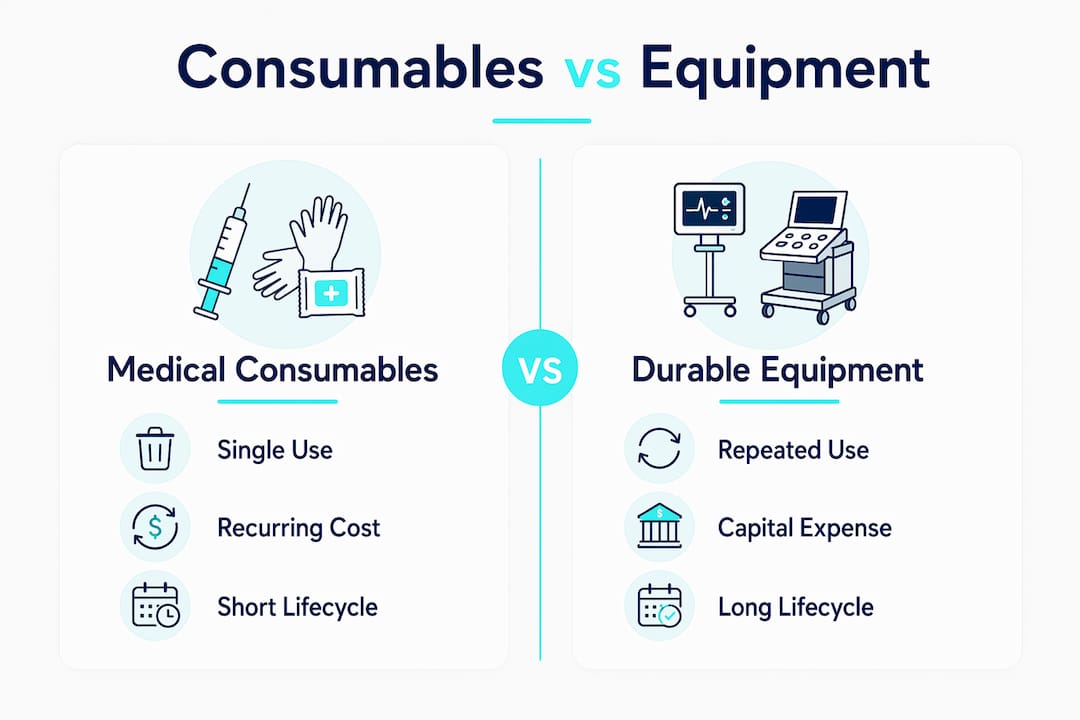 Infographic comparing medical consumables and durable equipment