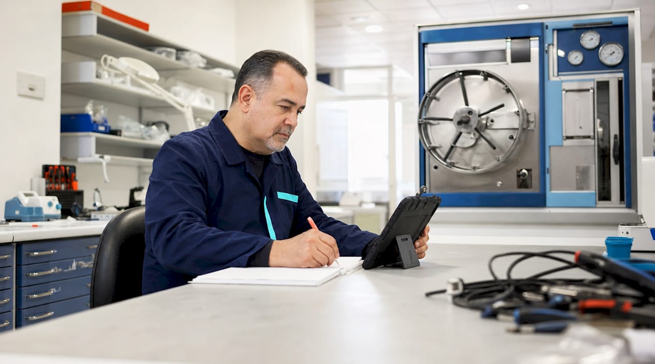Biomedical technician reviewing medical equipment maintenance checklist