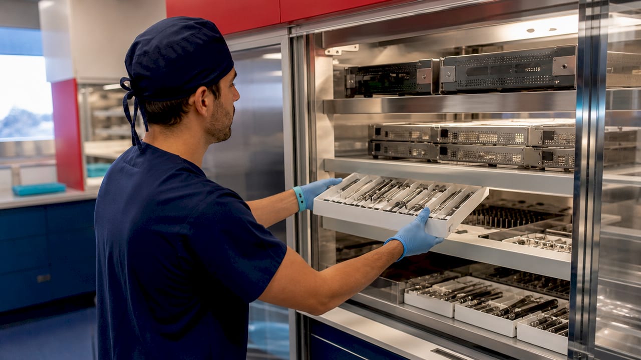 Orthopedic implants stored in operating room cabinet