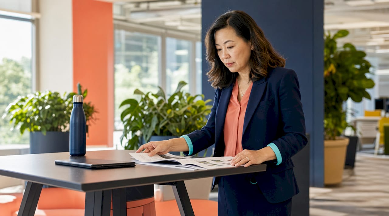 Procurement specialist reviewing medical supply catalogs