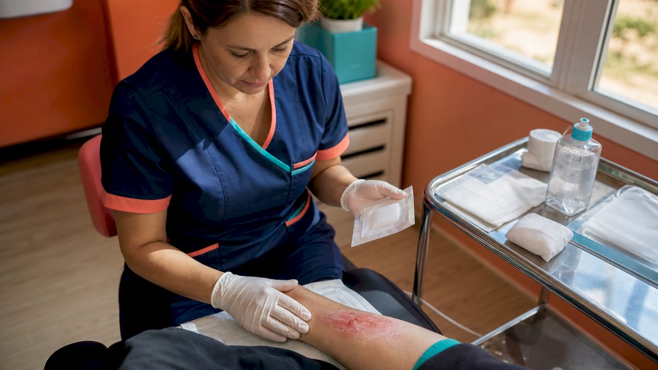Clinician assessing patient's wound in clinic