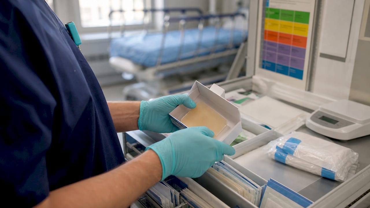 Nurse selecting wound dressing supplies at station