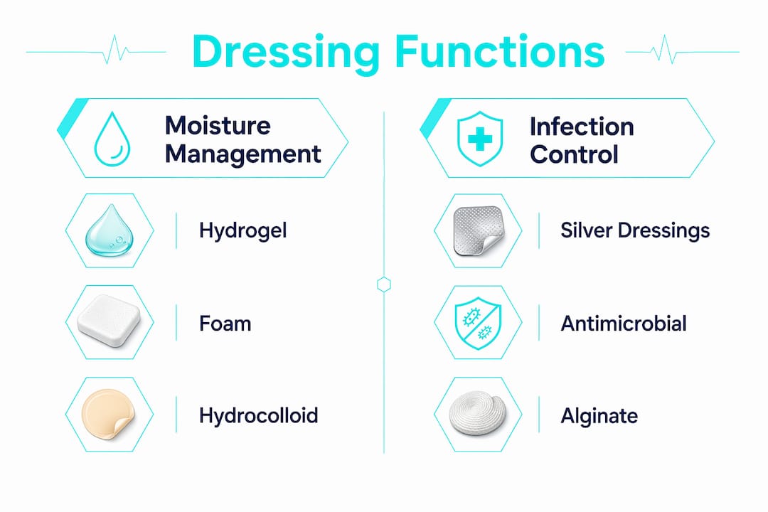Infographic comparing wound dressing categories and functions