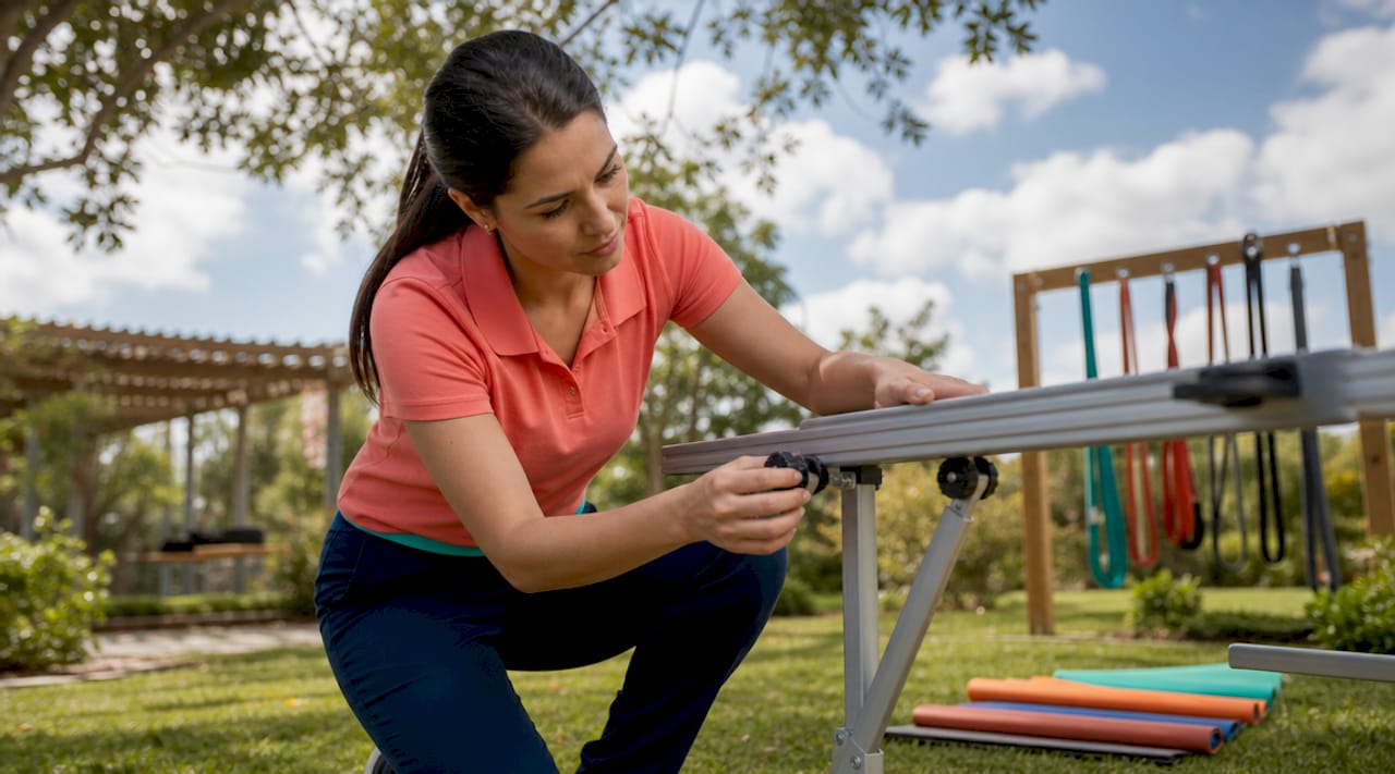 Physical therapist adjusting rehab equipment