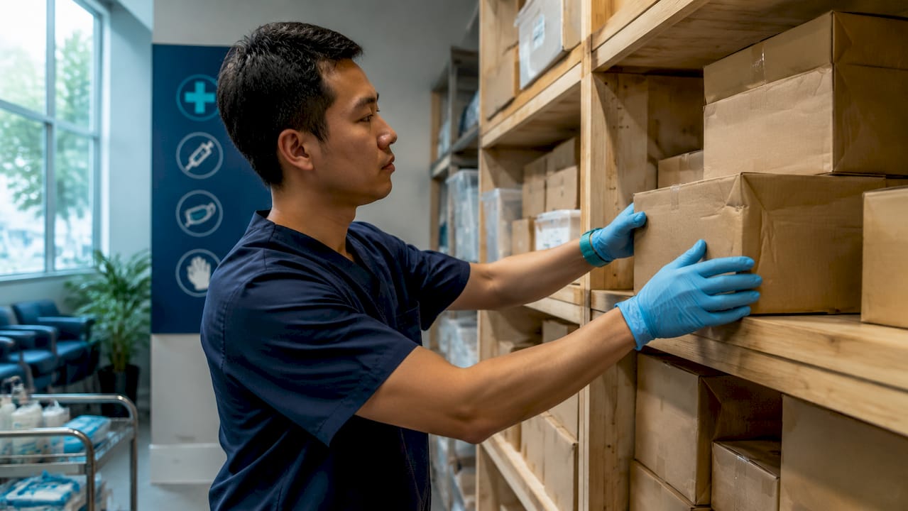 Hands organizing boxes of disposable gloves on shelf