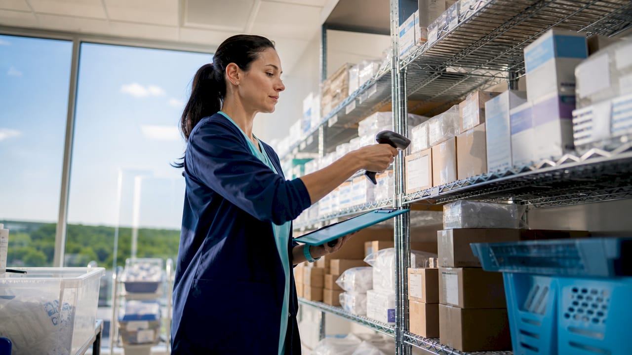 Hospital supply manager scanning medical supplies