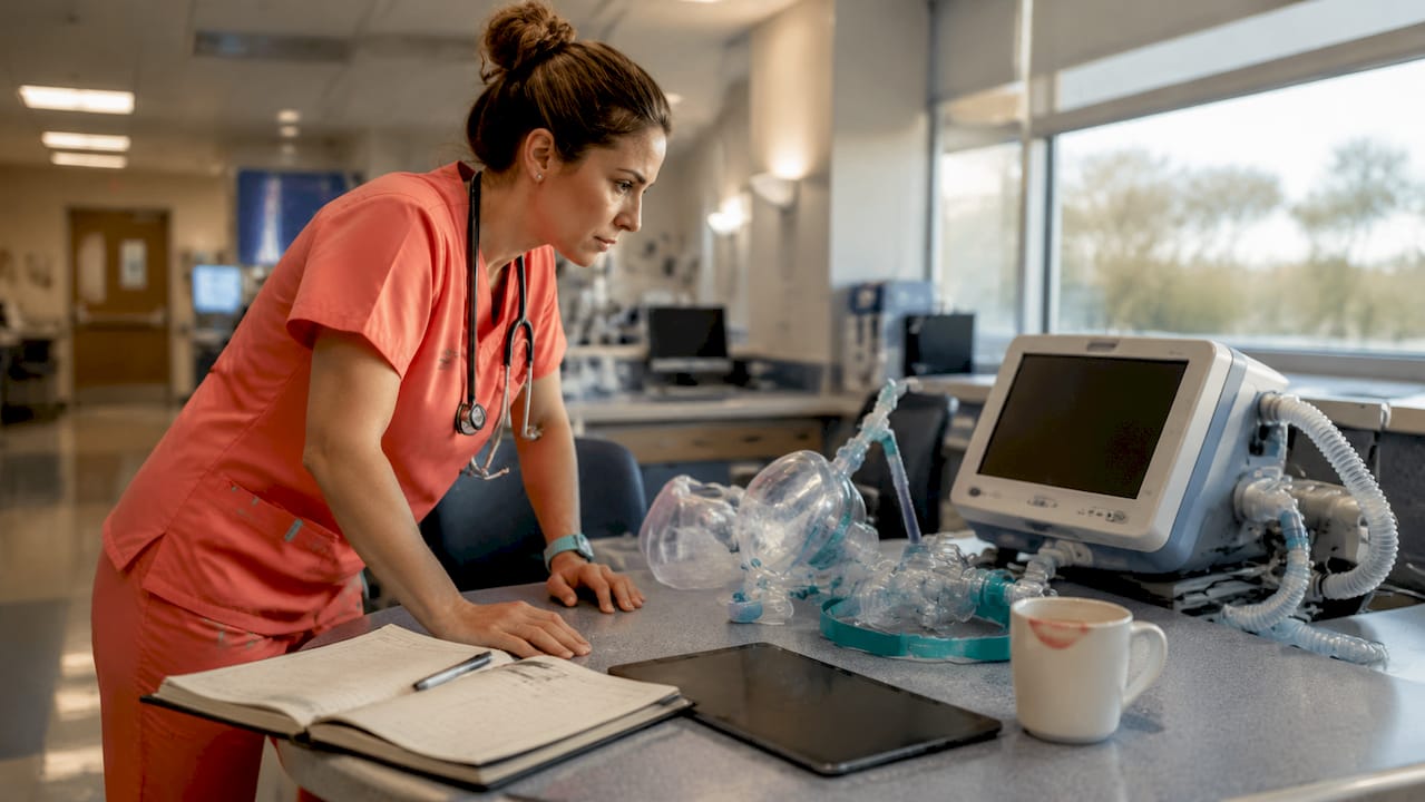 Therapist reviewing respiratory care equipment at hospital desk