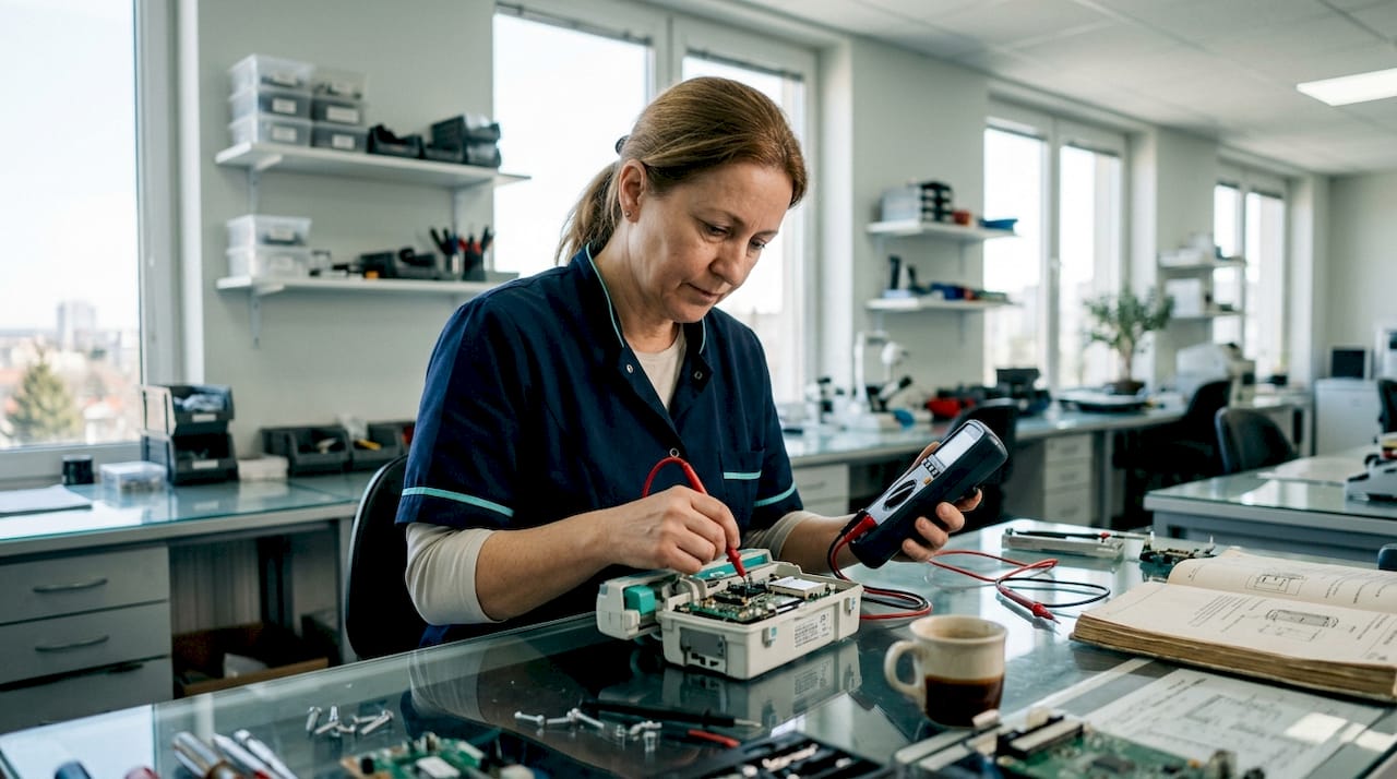 Technician inspecting refurbished medical device