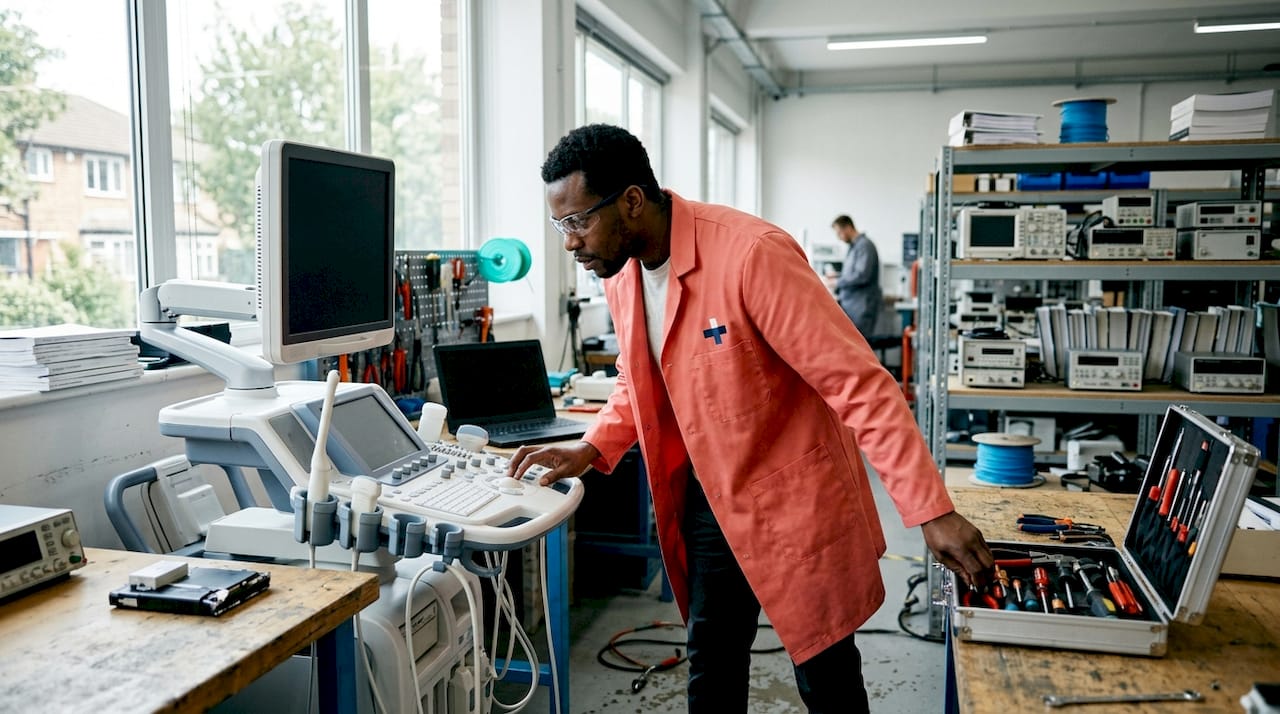 Engineer adjusting refurbished ultrasound machine