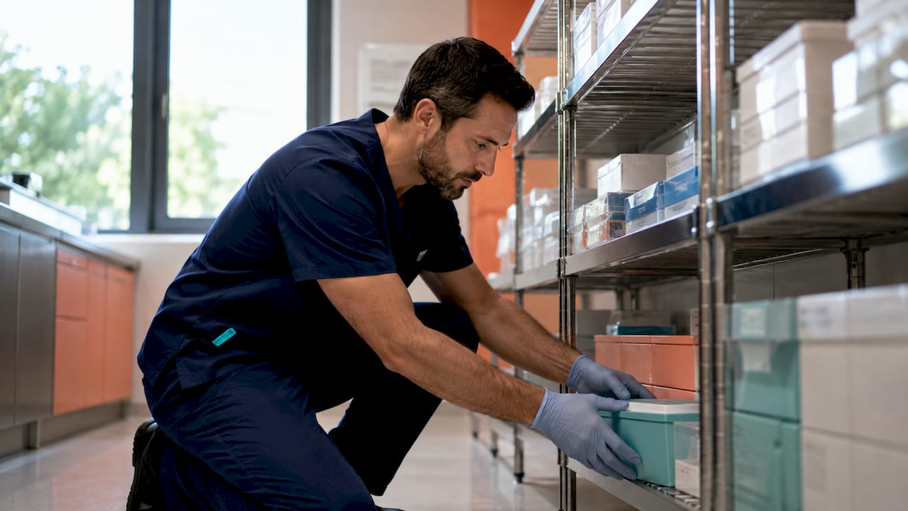 Nurse organizing supplies on wire shelving