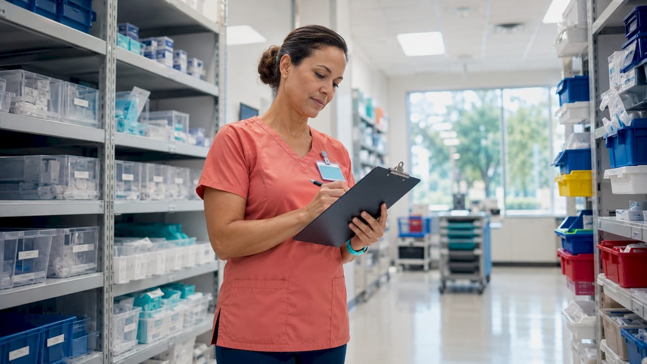 Hospital manager reviewing medical supply inventory