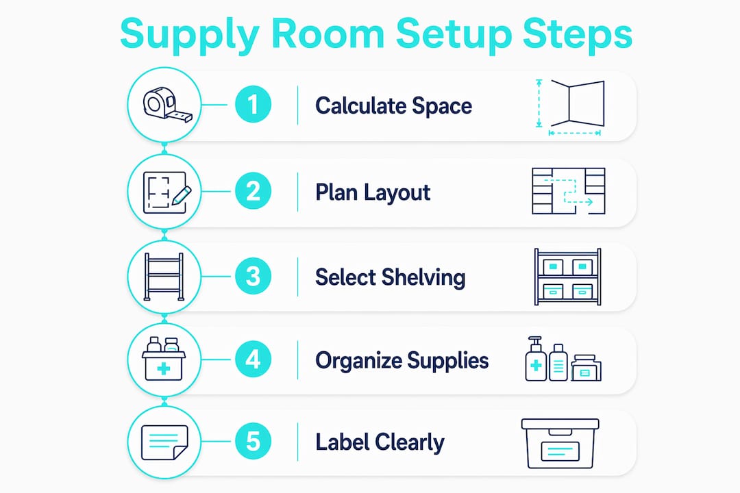 Infographic outlining steps to set up medical supply room