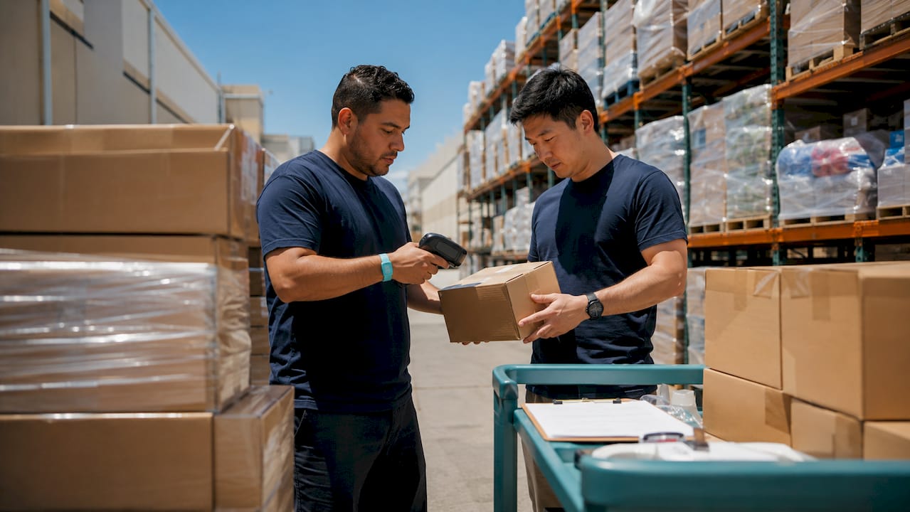 Warehouse workers managing medical supply donations
