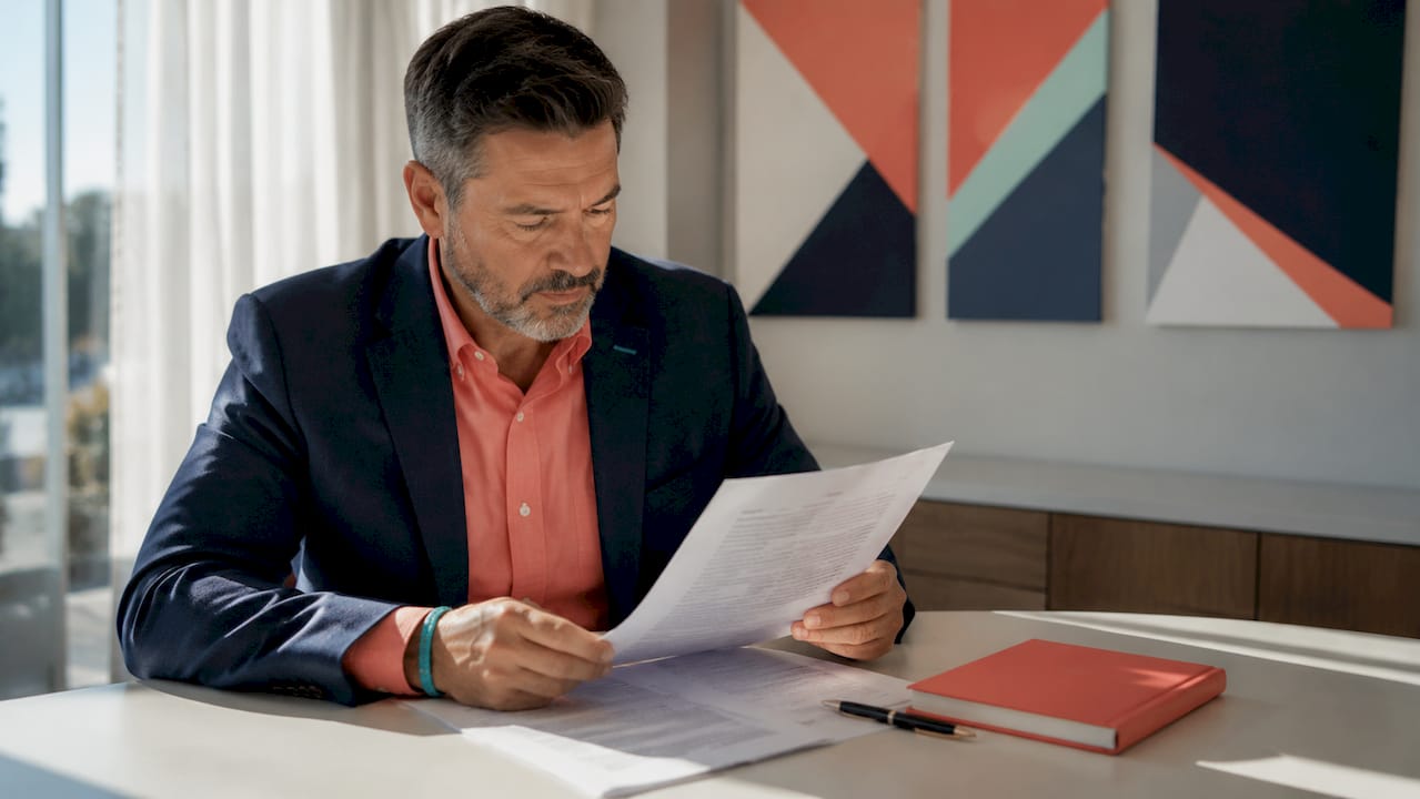 Hands reviewing purchase and escrow documents on desk