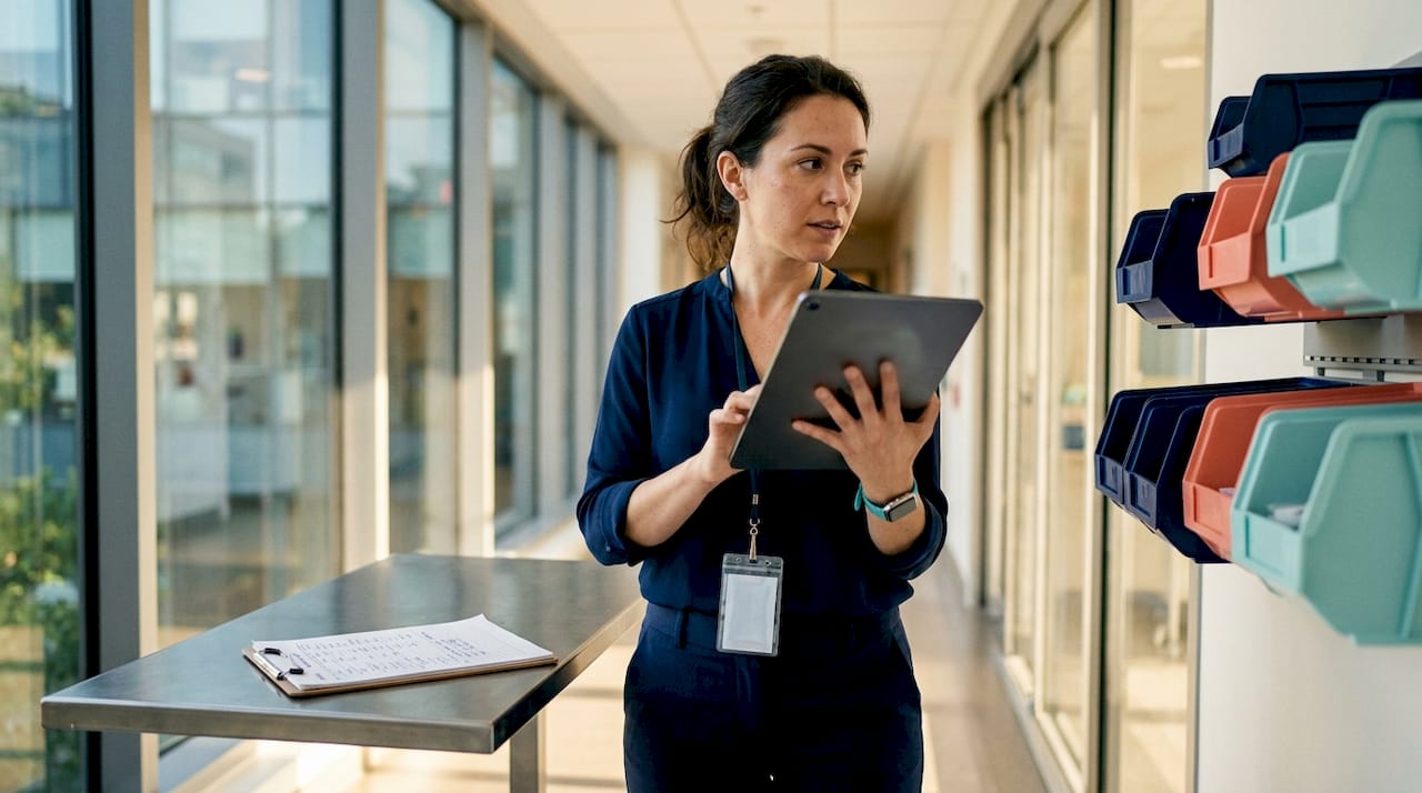 Logistics manager reviewing medical supply inventory in hospital