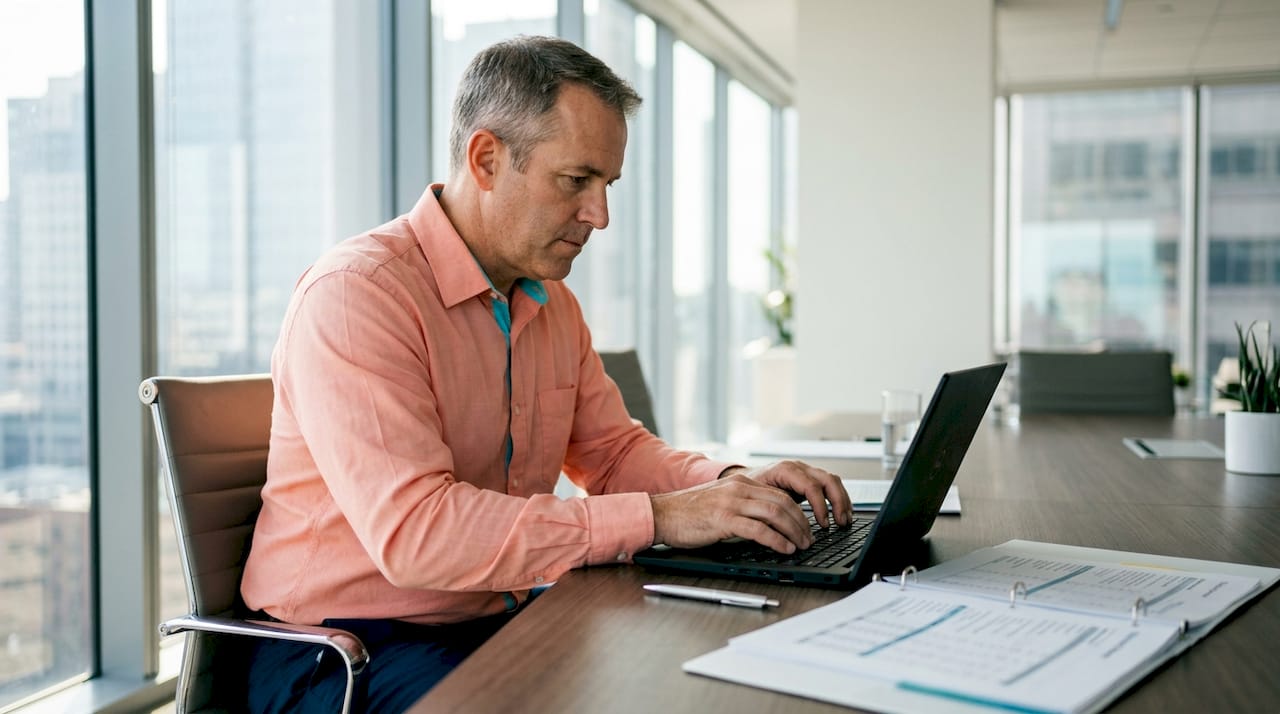 Healthcare administrator calculating inventory turnover on laptop