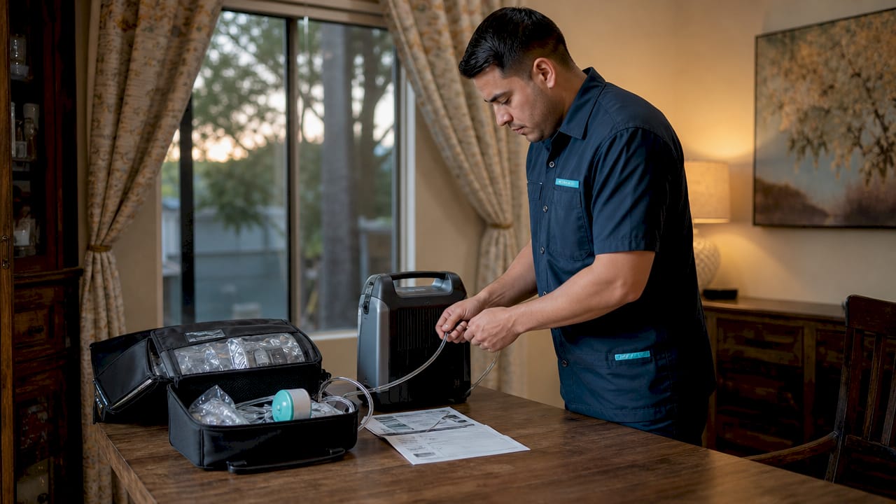 Technician setting up home health equipment