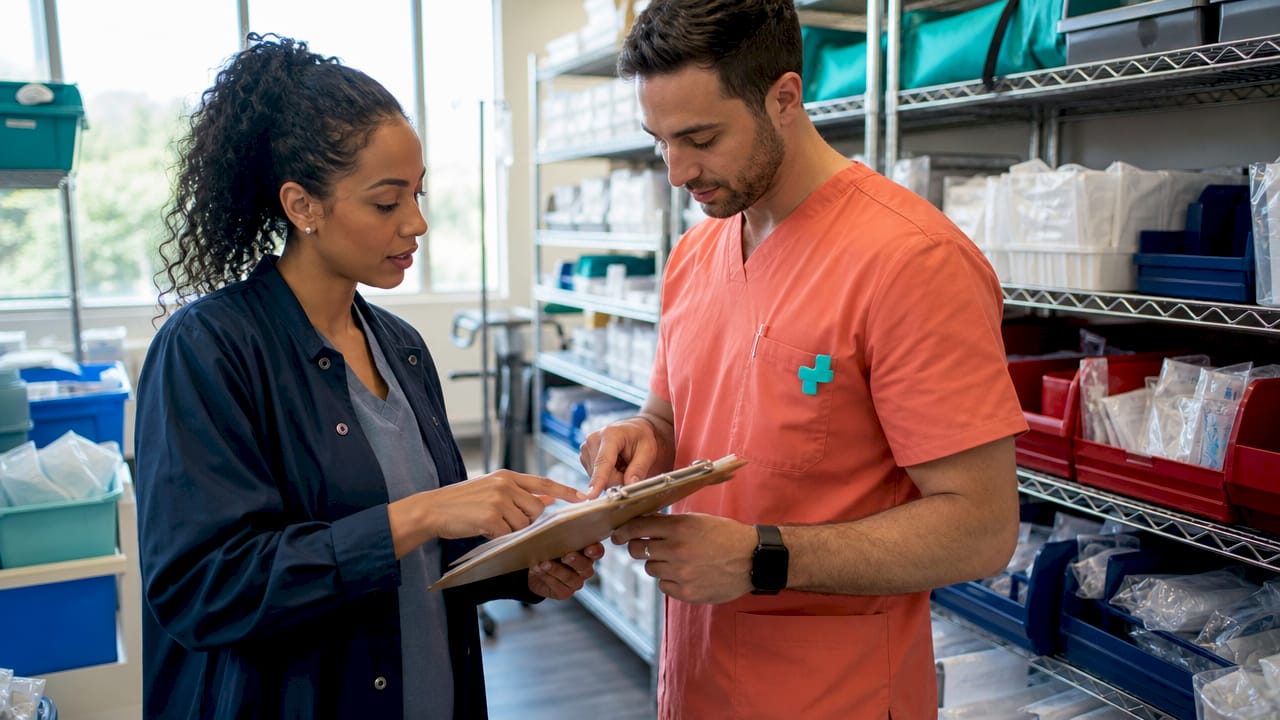 Healthcare staff discussing supply inventory lists