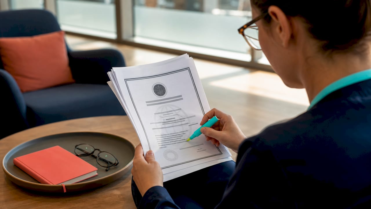 Close-up of hands reviewing compliance certificates