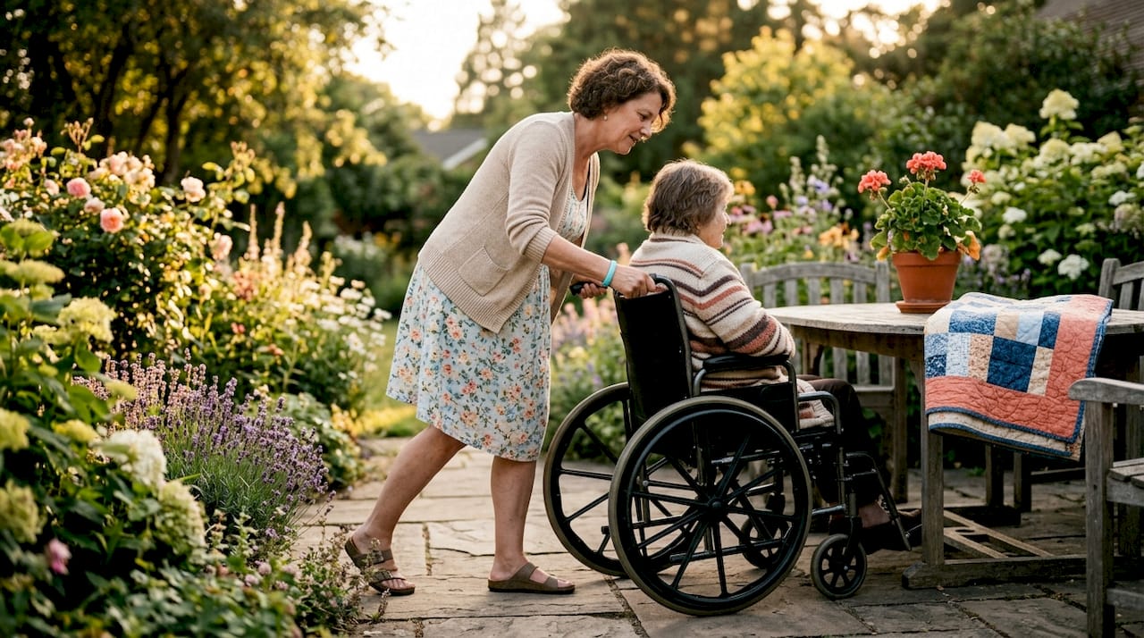 Caregiver adjusting wheelchair in home