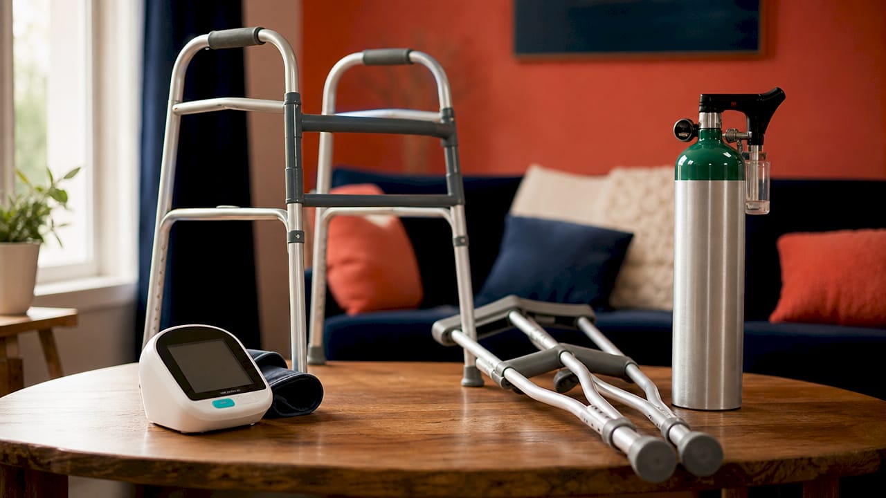 Assortment of durable medical equipment on table