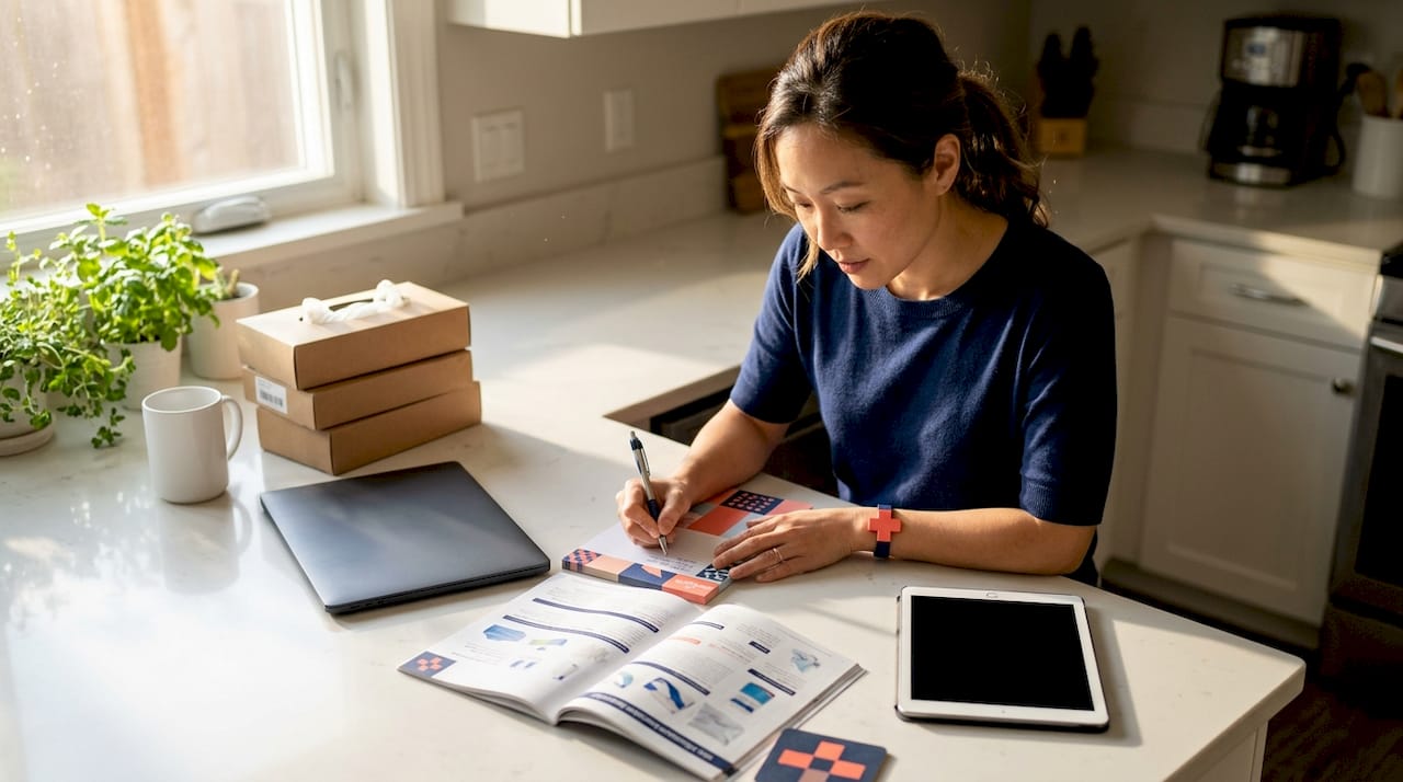 Entrepreneur reviewing medical equipment catalog at desk