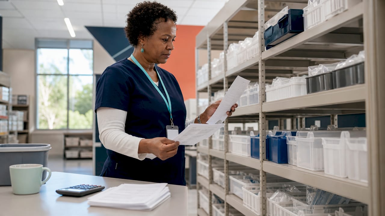 Inventory manager auditing medical supplies