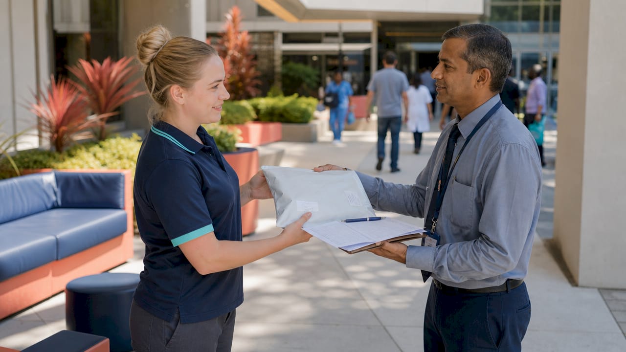 Hands exchanging medical supply package and delivery form