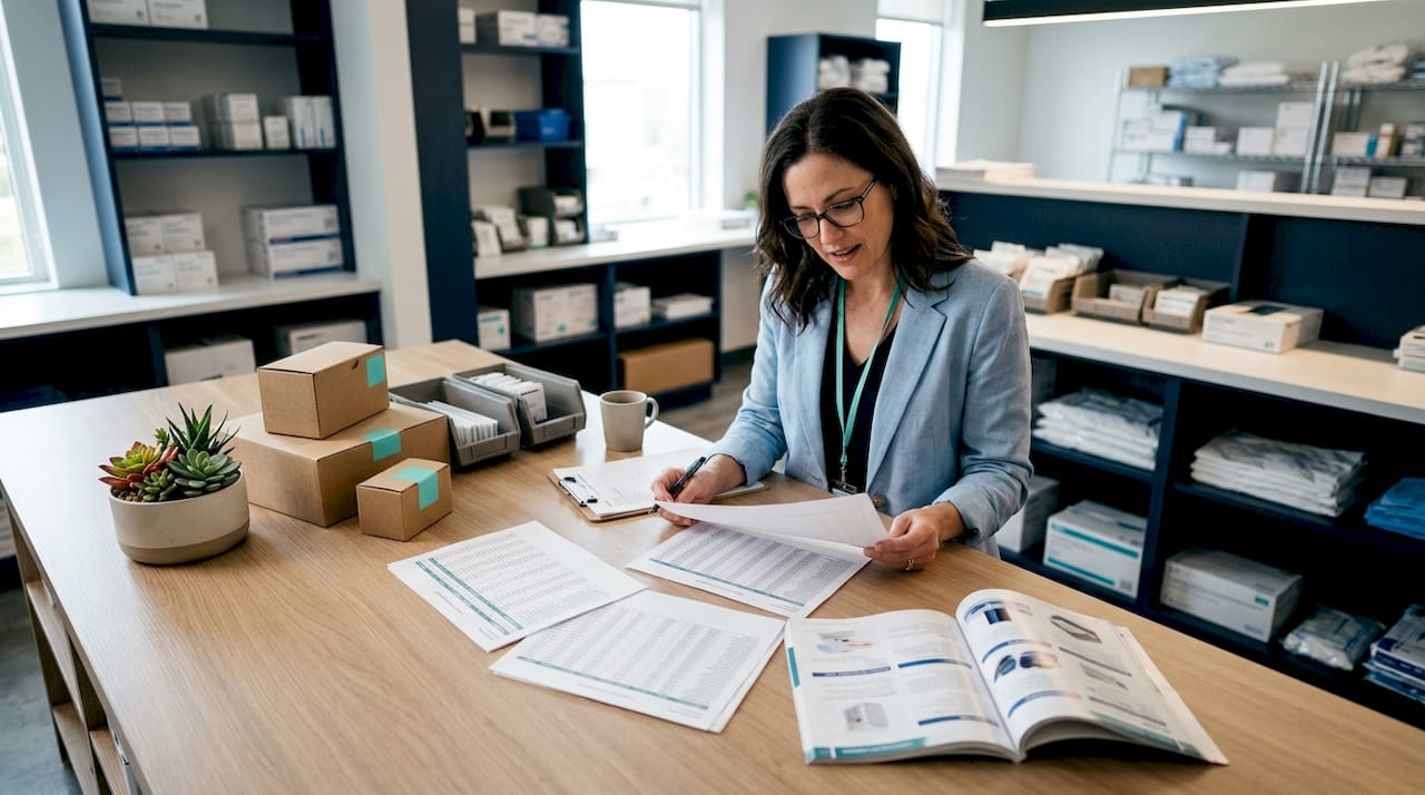 Healthcare manager reviewing bulk supply order documents