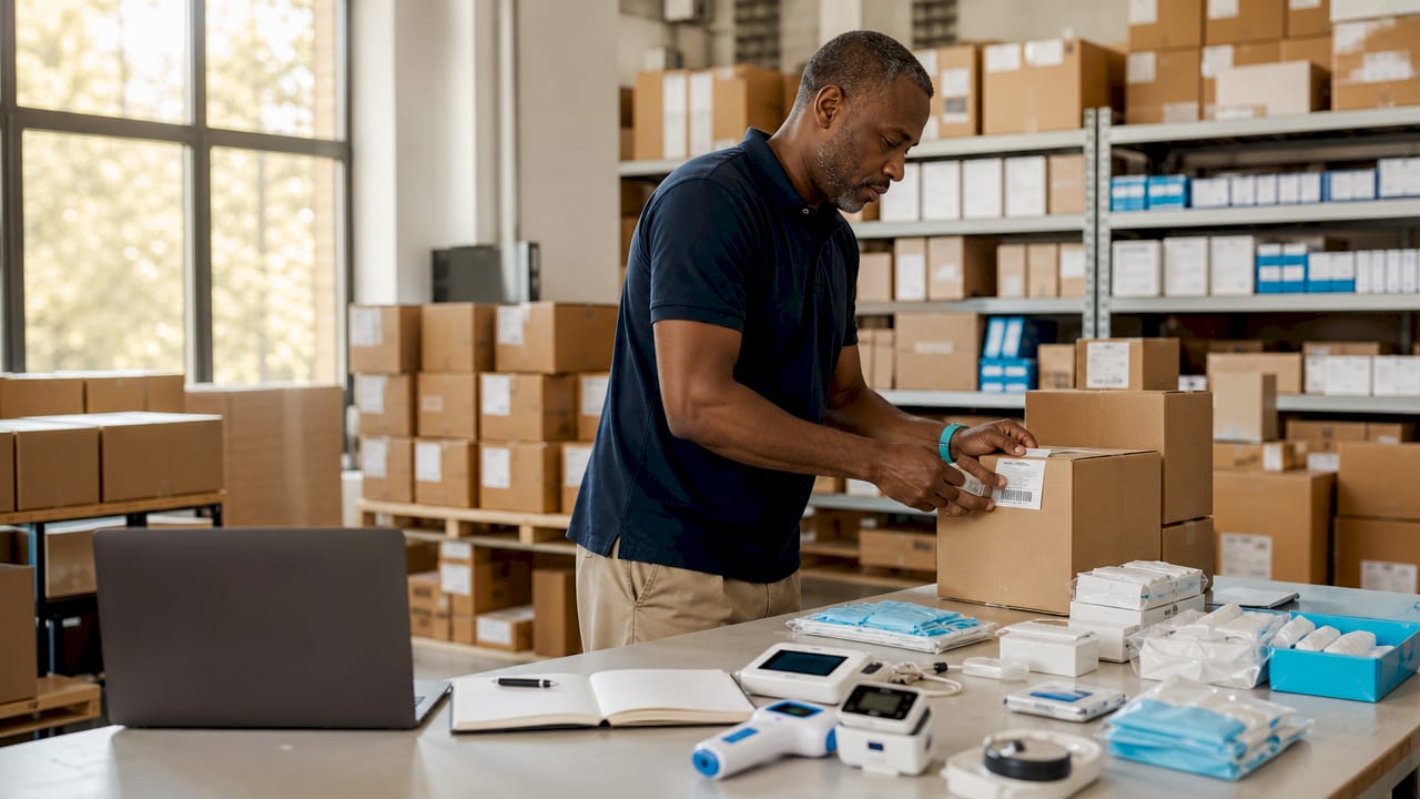 Hands preparing medical supply shipments for drop shipping