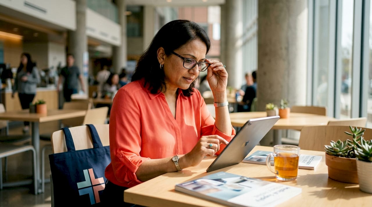 Procurement specialist using a digital medical catalog on tablet