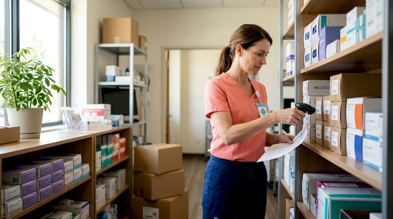 Clinic manager scanning medical supplies in supply room