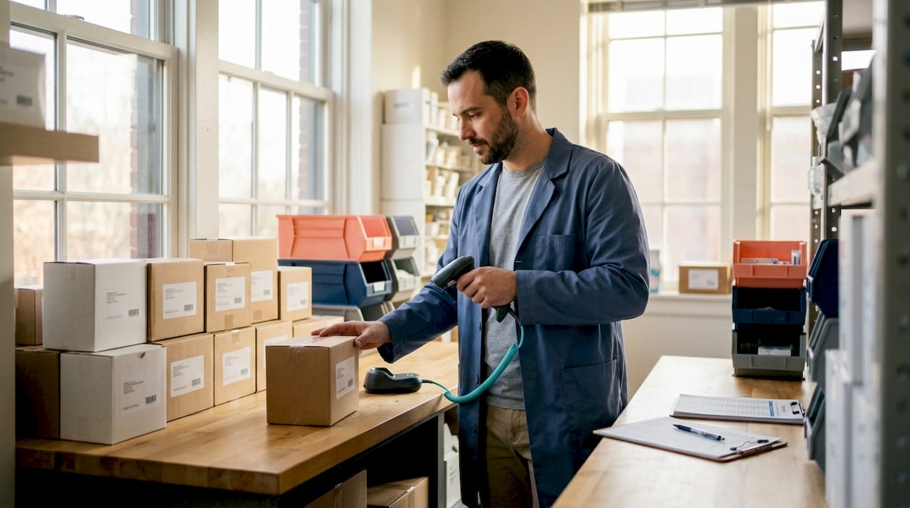 Hands scanning barcodes on medical supply boxes