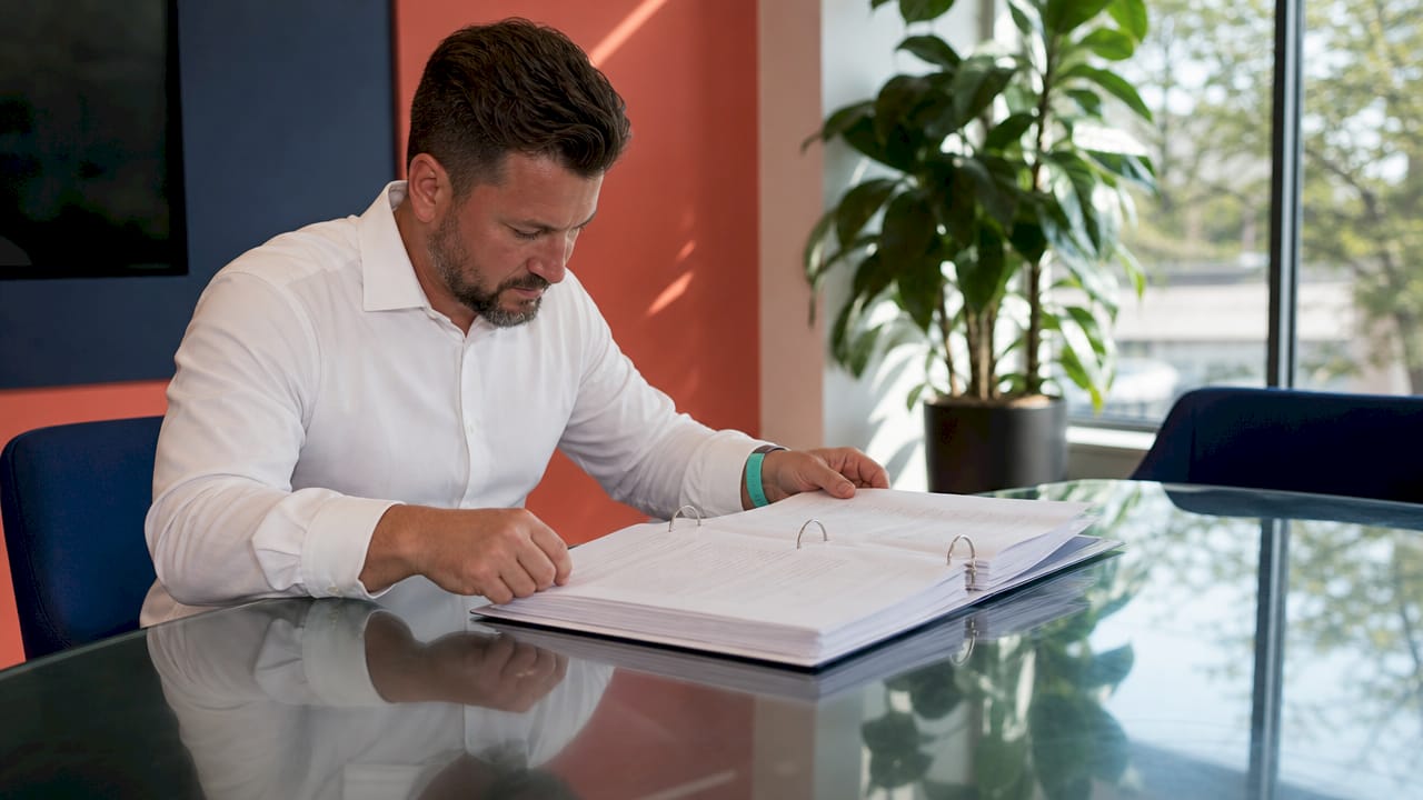 Hands examining hospital chargemaster binder