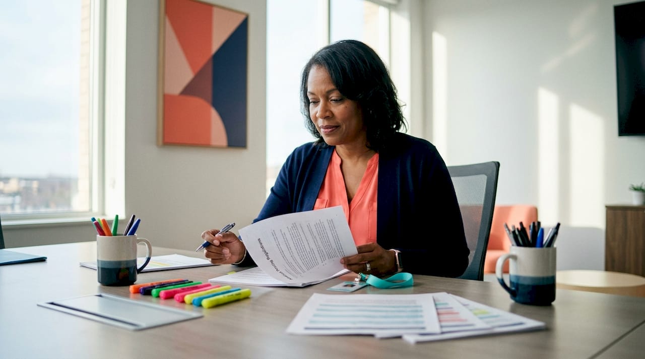 Compliance officer reviewing medical pricing documents