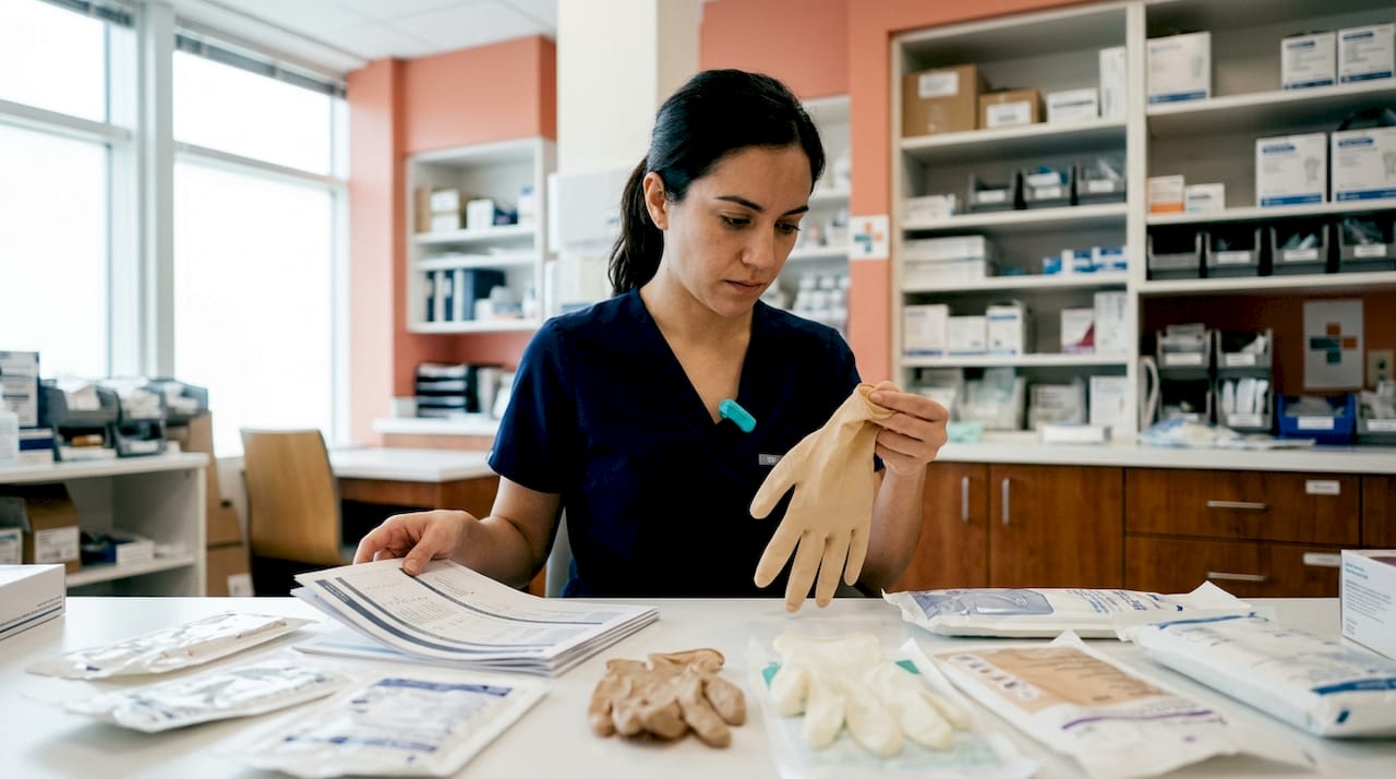 Surgeon examining surgical gloves at hospital table