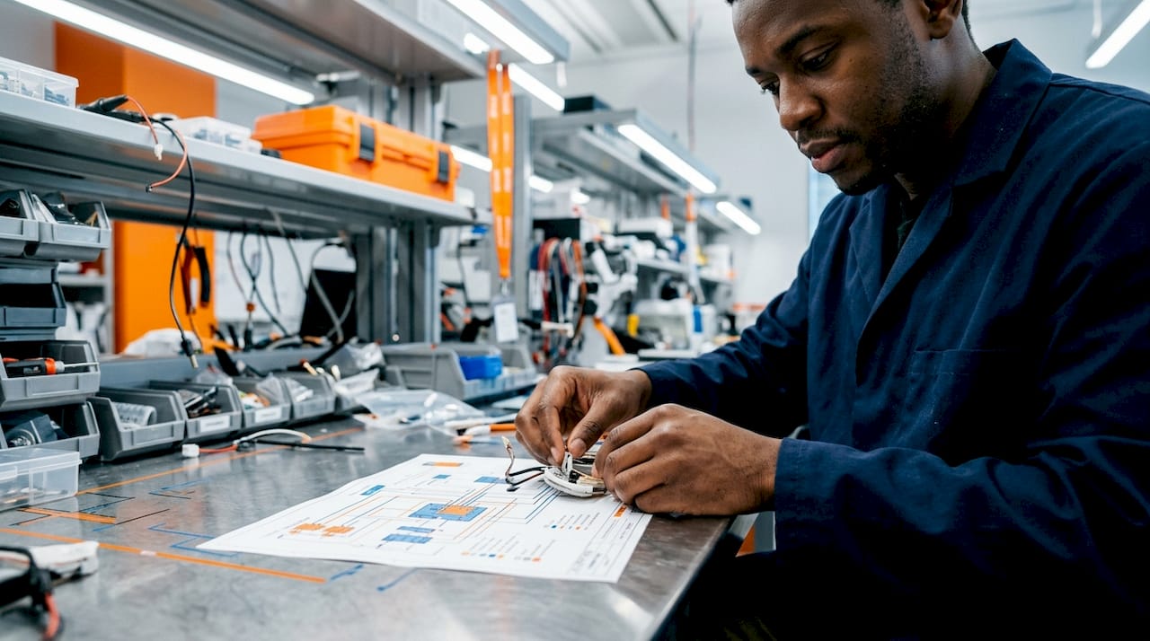 Biomedical engineer inspecting medical device components