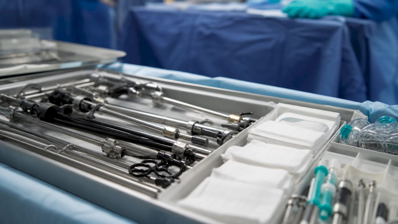 Close-up of sterile surgical instruments kit