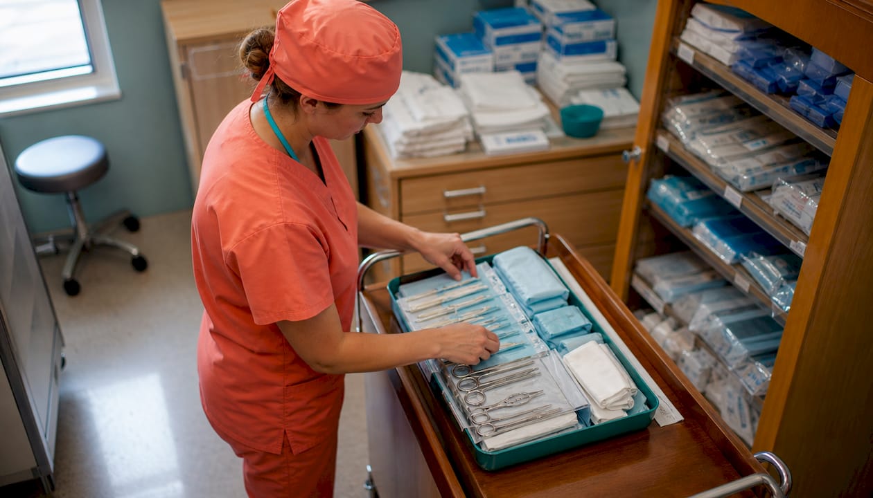 Nurse arranging surgical supply kit tray
